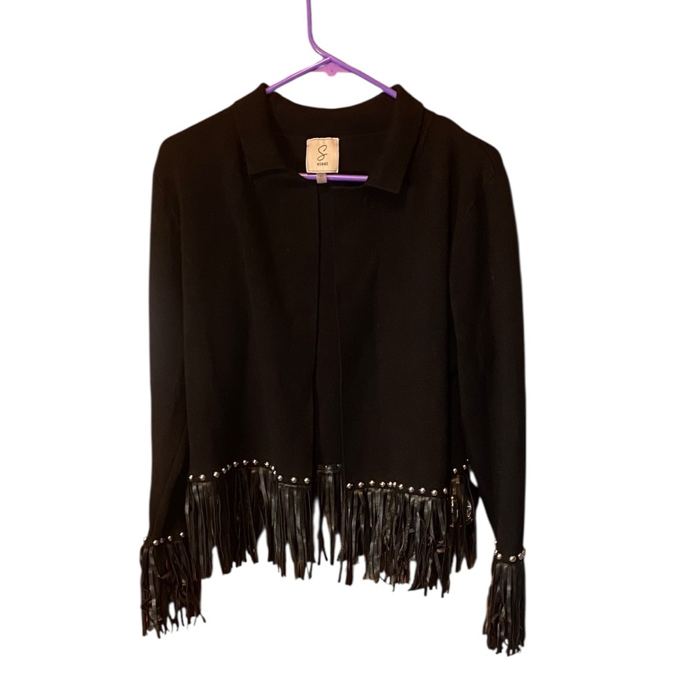 Sioni Black Vegan Leather Fringe Studded Cardigan Jacket Size XL Western